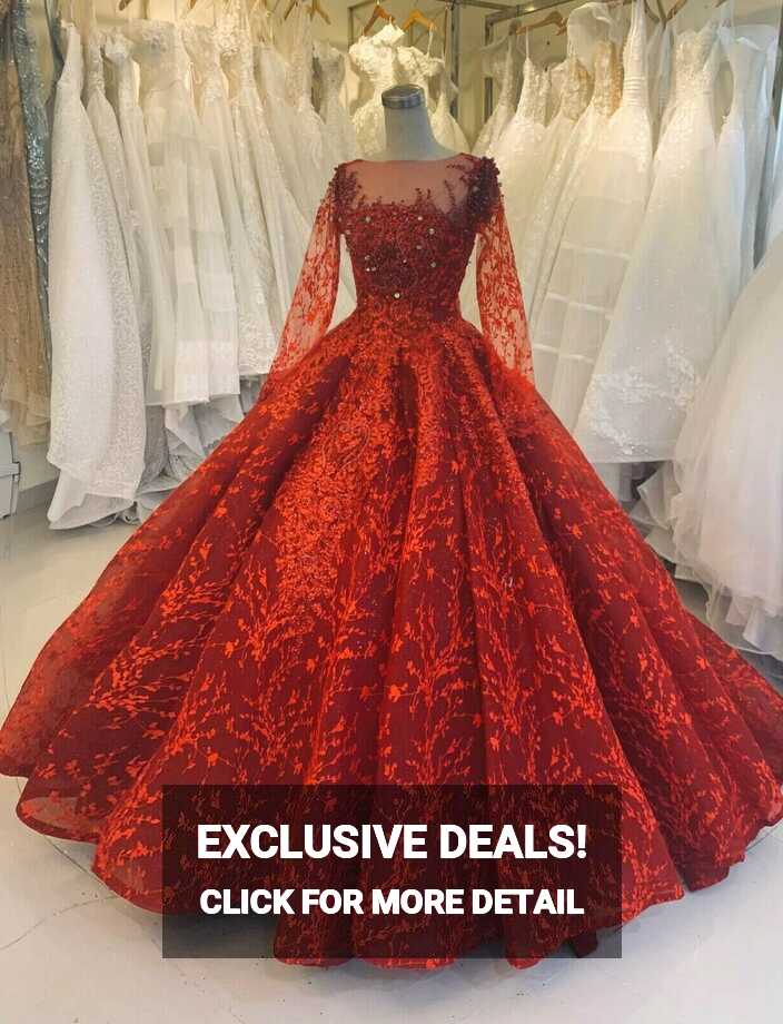 Red or white lace applique long sleeves ball gown wedding/prom ...