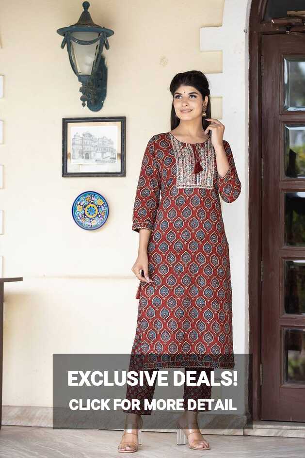 Red printed cotton long-kurtis - KAAJH - 4153004