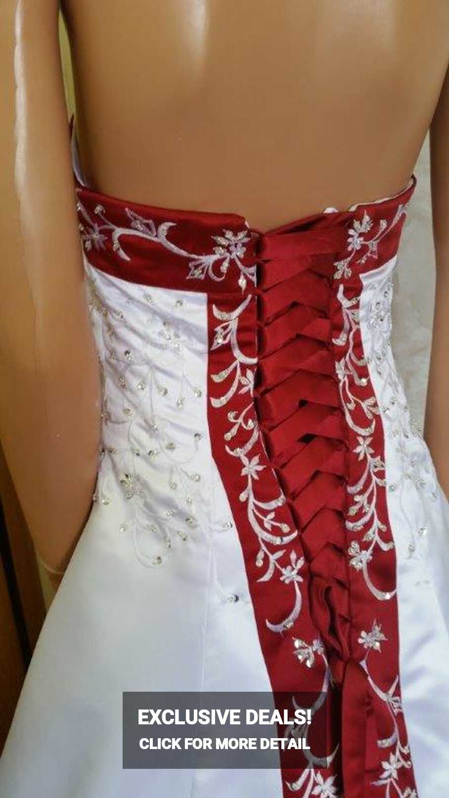 Red white lace embroidered wedding dress.