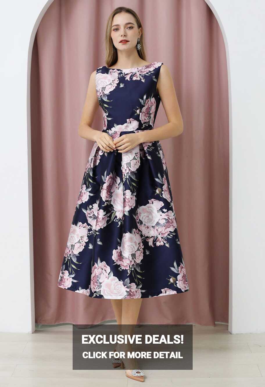 Refined Floral Sleeveless Midi Dress - Retro, Indie and Unique Fashion