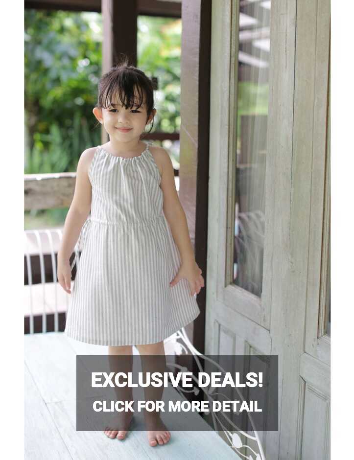 Renie Stripe Cotton Kids Dress, Grey