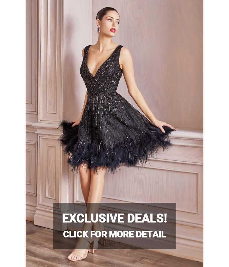 Retro &amp; Vintage Black Rhinestone &amp; Feather Hem Prom Cocktail Dress ...