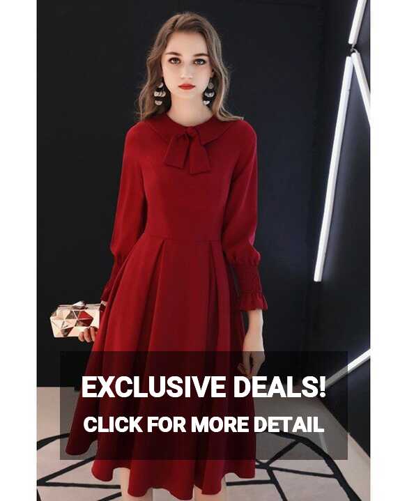 Retro Knee Length Burgundy Party Dress With Long Sleeves Bow ...