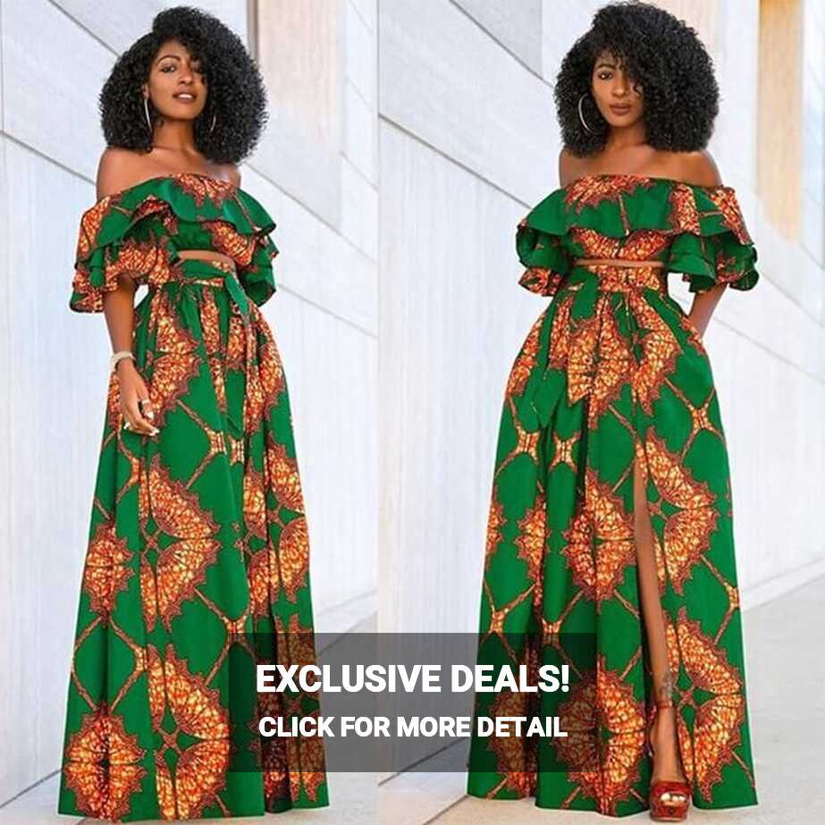 Retro Off Shoulder Print Slits Long Dress