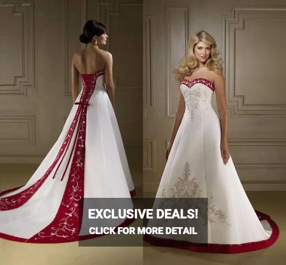 Retro Red And White Wedding Dresses Satin Embroidery Vintage Lace ...