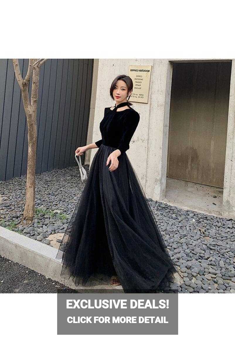 Retro Simple Long Black Tulle With Velvet Party Dress Long Sleeves