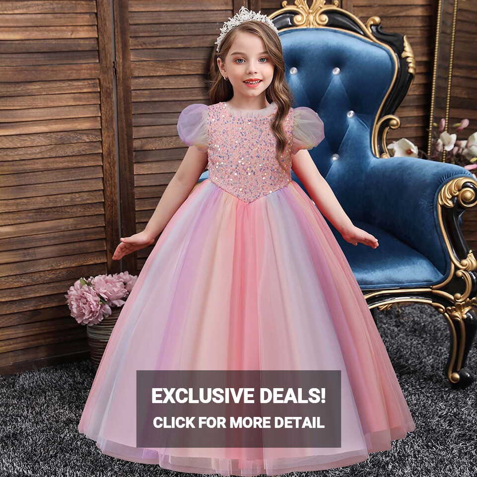 Rewenti Children Dress Girl Puff Sleeve Princess Dress Long Sequin ...