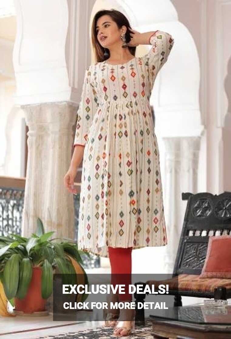 Reyon Off White Latest Nayara Cut Women Printed Kurti, Size: M TO ...