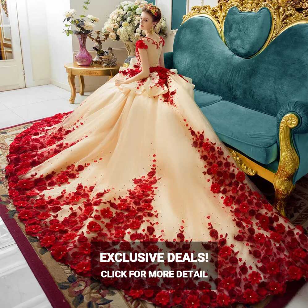 Romantic Red Princess Red Bridal Gown With Illusion Neckline, 3D ...