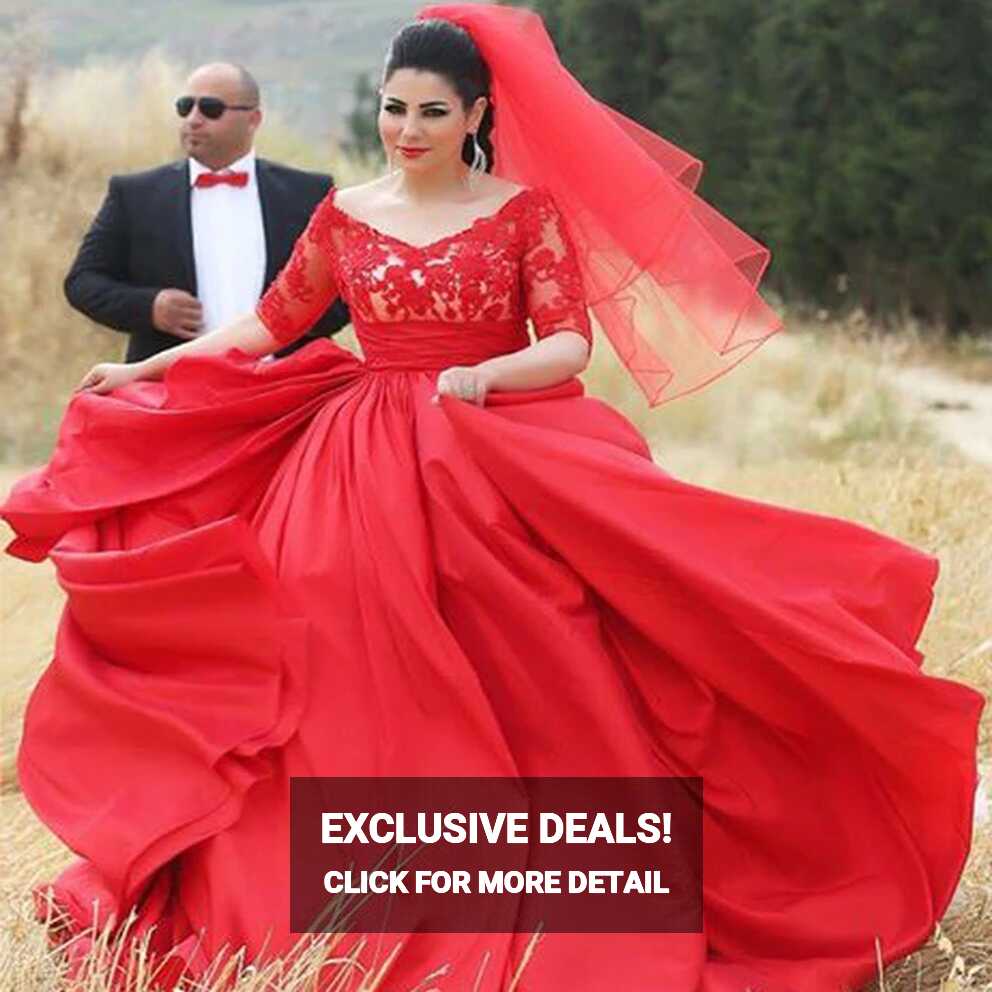 Romantic Red Wedding Dresses Plus Size Half Sleeves Bridal Dress V ...