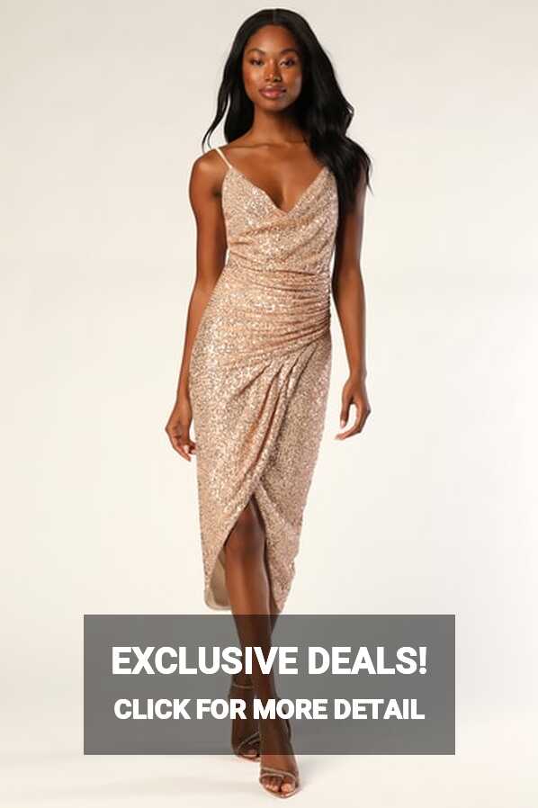 Rose Gold Sequin Dress - Cowl Neck Dress - Midi Tulip Dress - Lulus