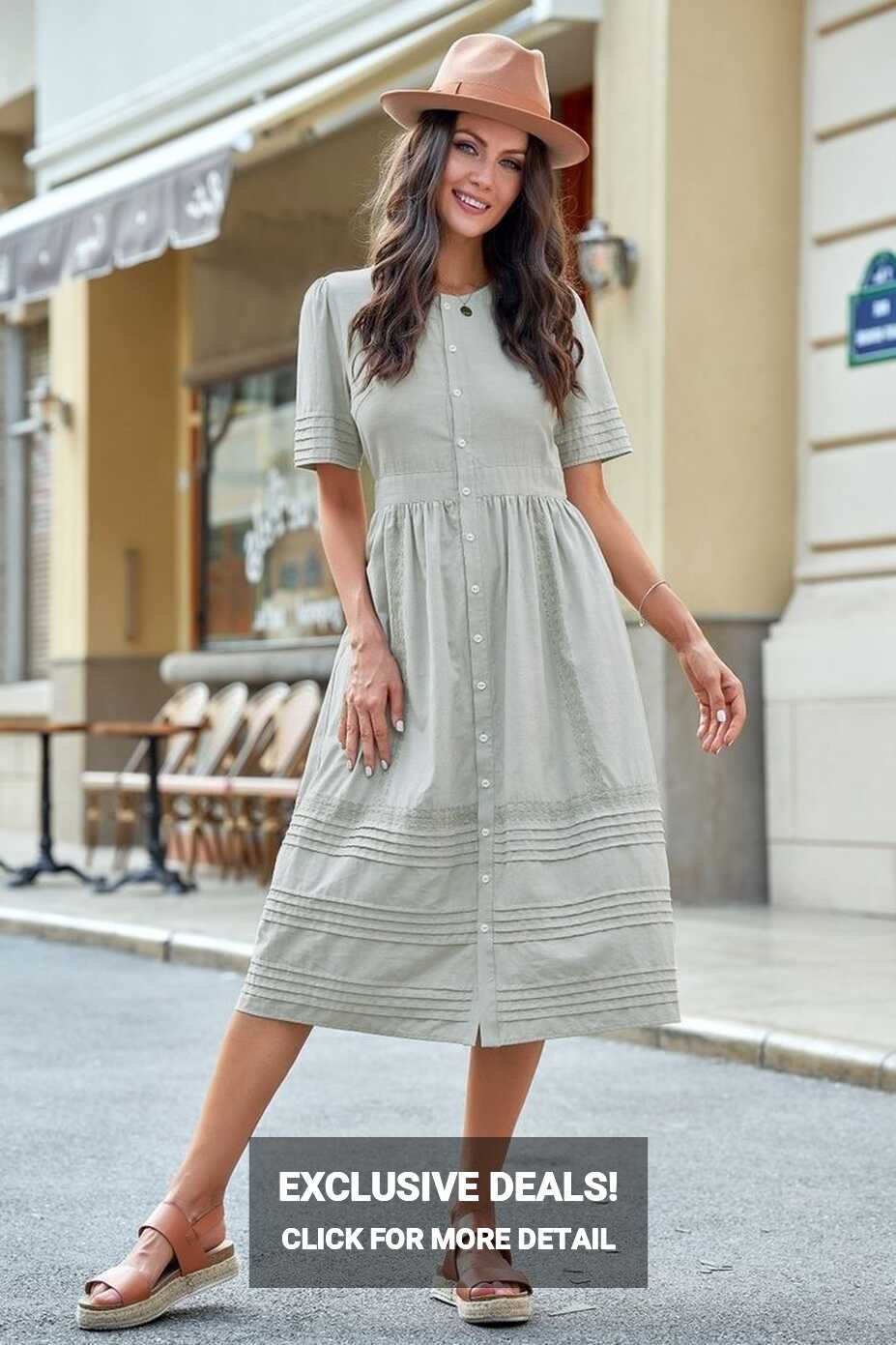 Round Neck Short Sleeve Button Down Solid Midi Dress