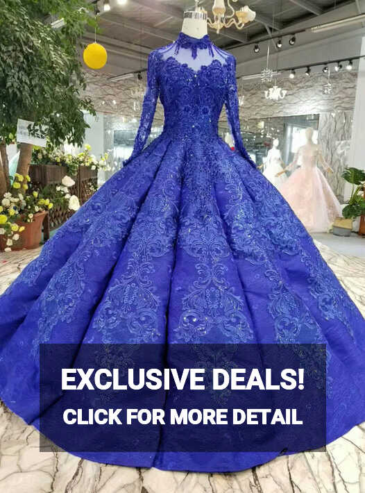 Royal Blue Appliques High Neck Long Sleeve Luxury Wedding Dress