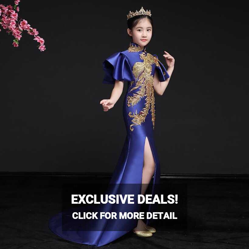 Royal Blue Baby Princess Evening Gown Embroidery Long Cheongsam ...