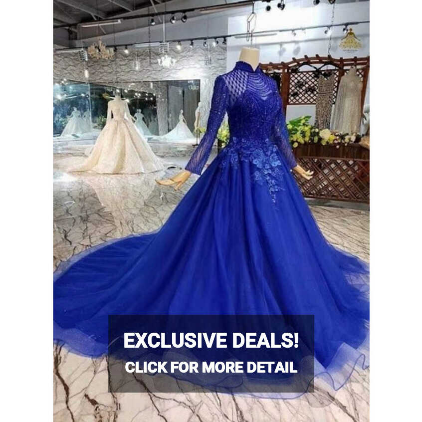 Royal Blue Ball Gown Square Long Sleeve Appliques Wedding Dress ...