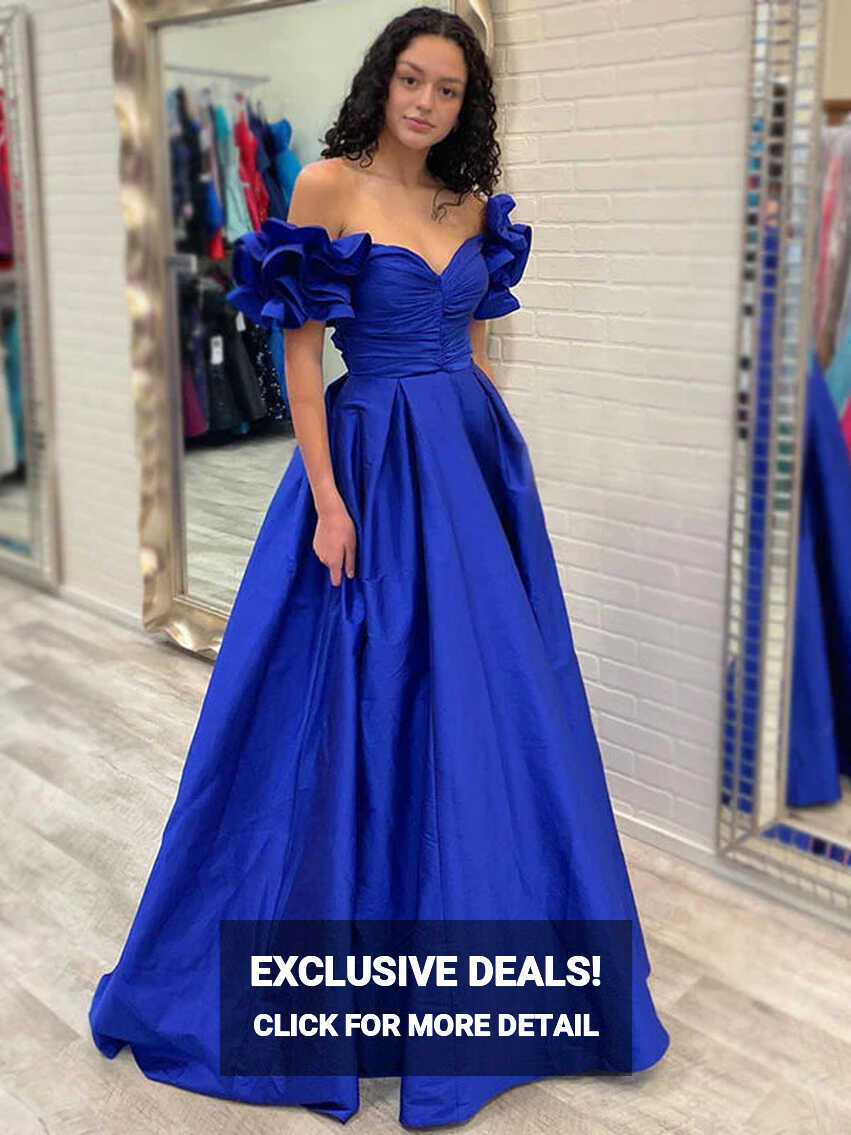 Royal Blue Elegant Off-shoulder Ruffle Sleeves A-line Long Prom ...