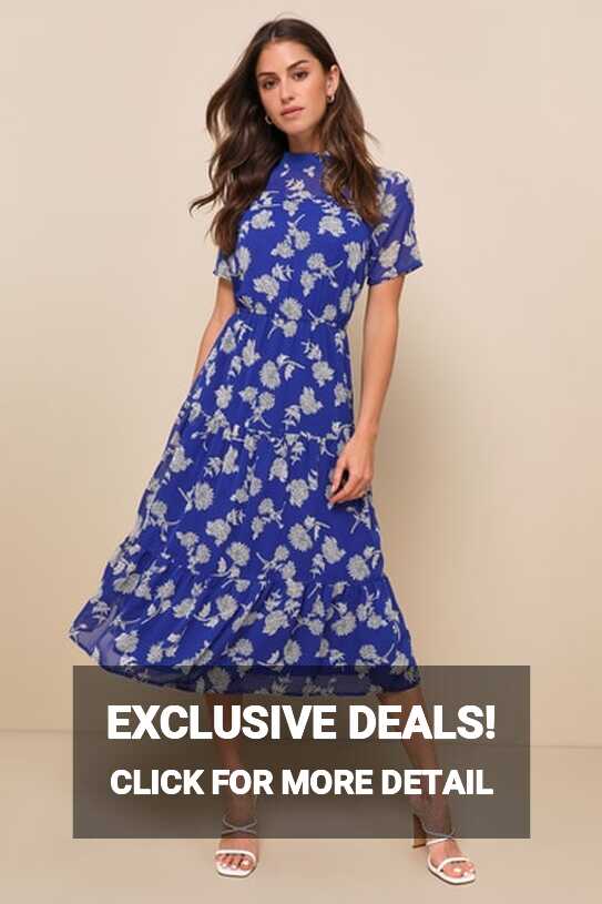 Royal Blue Floral Print Dress - Midi Dress - Short Sleeve Dress ...