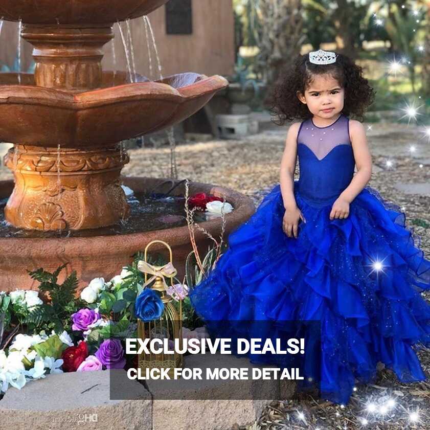 Royal Blue Flower Girl Dresses Sheer Neck Tiers Wedding Ball Gown ...