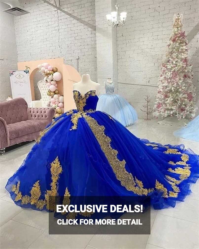 Royal Blue Gold Lace Vestidos De Novia Quinceanera Dresses ...