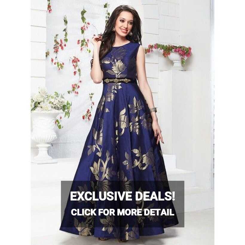 Royal Blue Jequard Silk Designer gown with Handwork