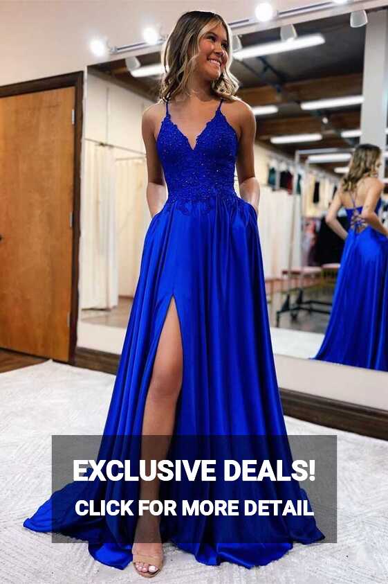 Royal Blue Lace Lace-Up Long Prom Dress – Modsele