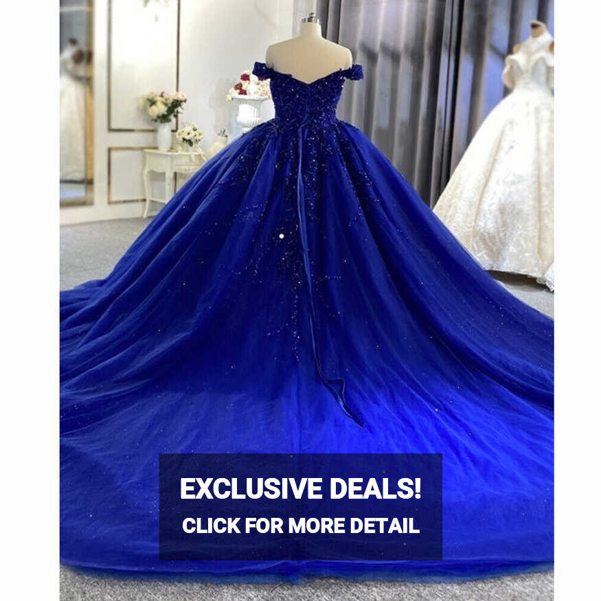 Royal Blue Lace Wedding Dresses Off The Shoulder Appliques Sequins ...