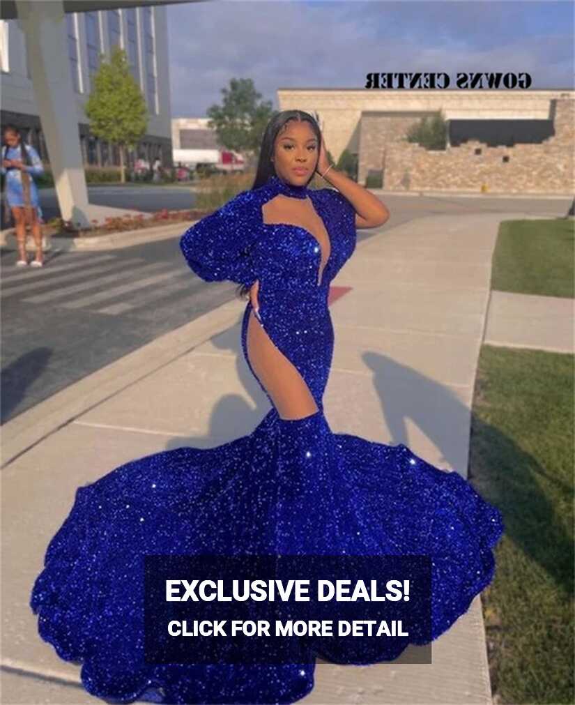 Royal Blue Long Sleeve Sequin Prom Dress | Mermaid Royal Blue Long ...