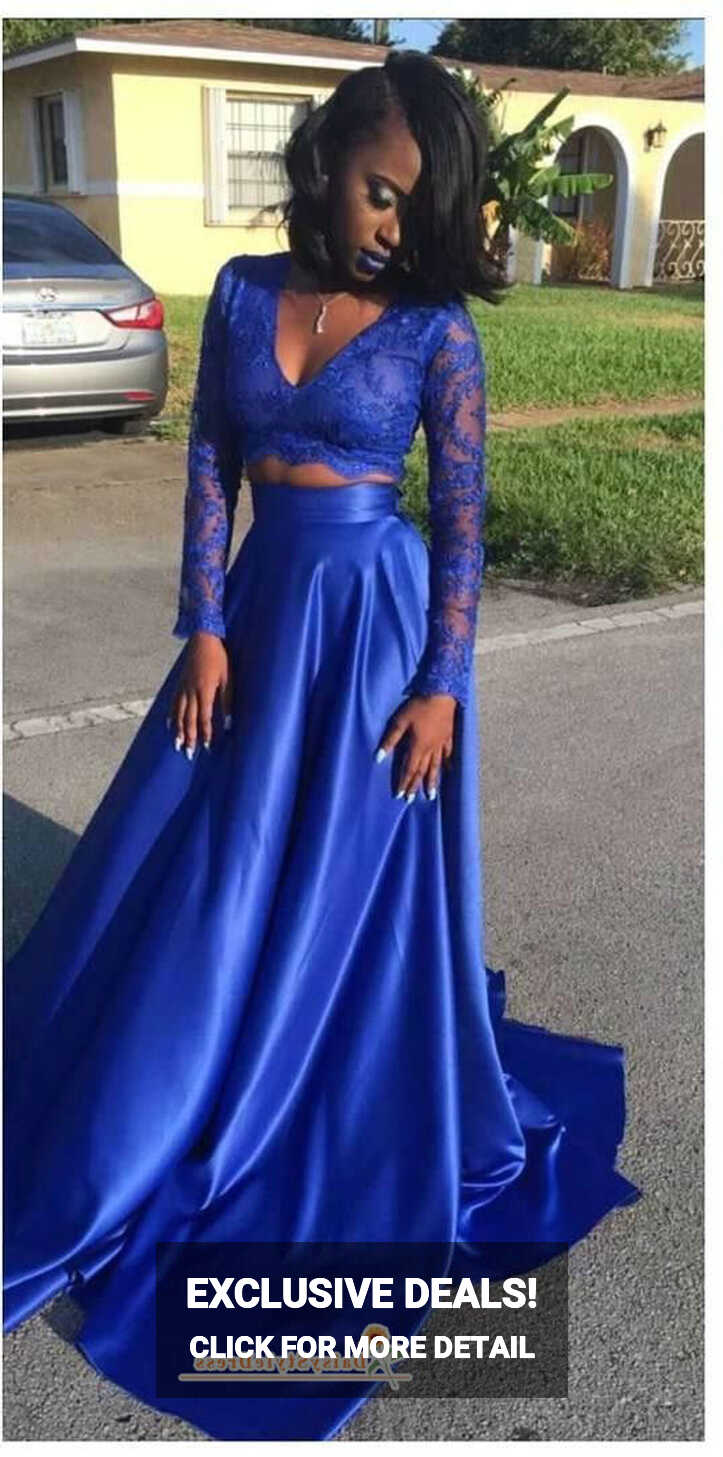 Royal Blue Long Sleeve Two Piece Prom Dress – daisystyledress