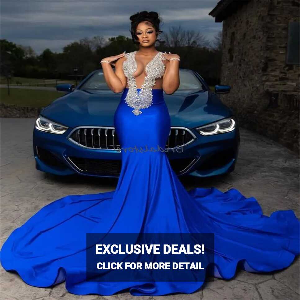 Royal Blue Mermaid Satin Blue Mermaid Prom Dress With Crystal ...