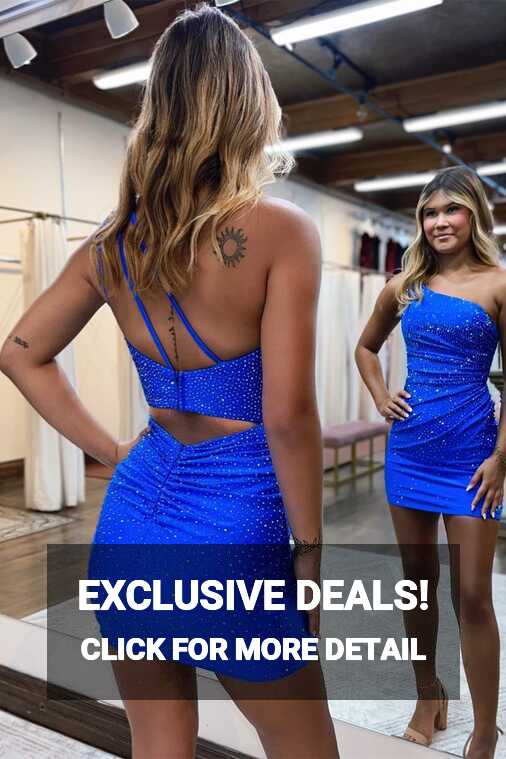 Royal Blue One Shoulder Straps Beaded Cut-Out Tight Homecoming ...