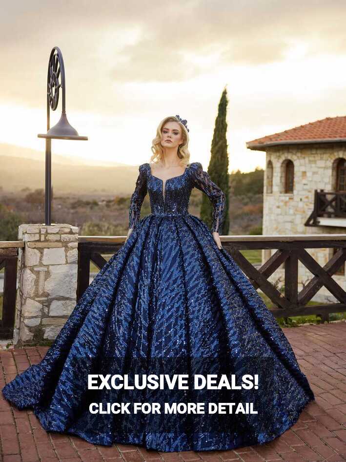 Royal Blue Princess Long Sleeve Heavily Sequin Long Tail Ball Gown ...