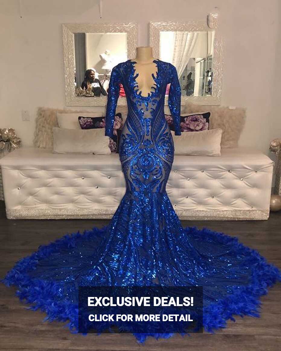 Royal Blue Prom Dress 2023 Long Sleeves Sequin with Feathers ...