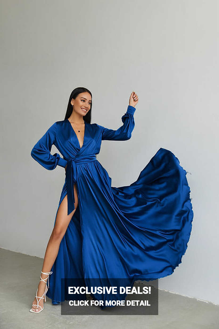 Royal Blue Satin Long Sleeve Maxi Wrap Dress | Mayleen