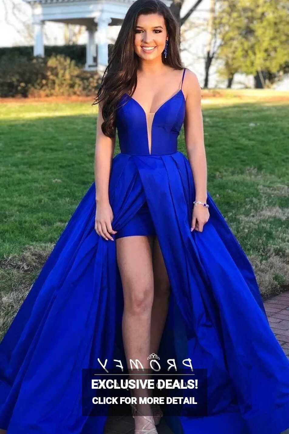 Royal Blue Satin Thigh-high Slit Puffy Prom Dress - Promfy