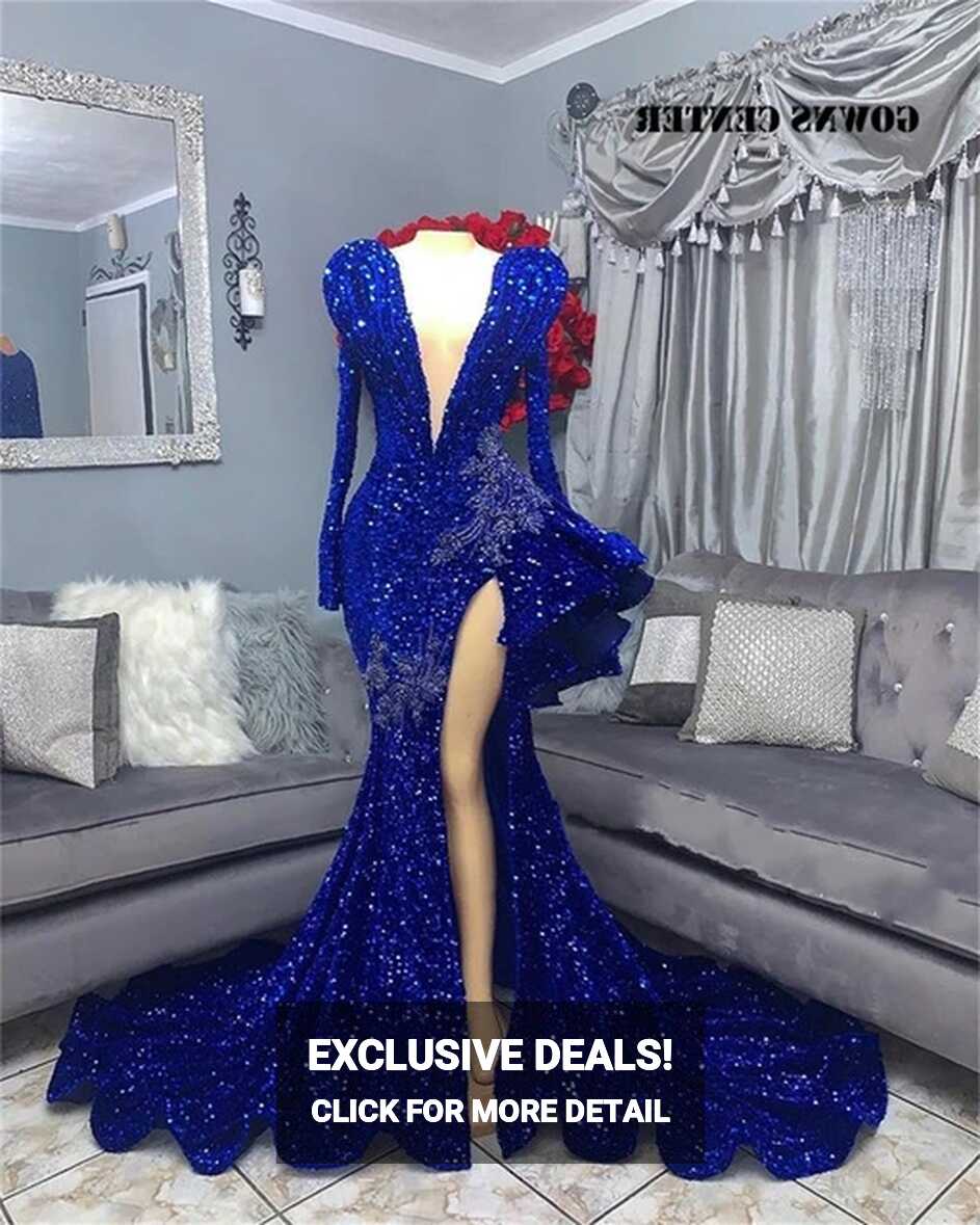 Royal Blue Sequined Prom Dresses 2022 For Black Girls Long Sleeve ...