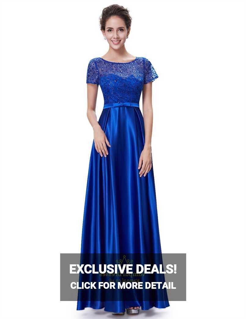 Royal Blue Short Sleeve Long Bridesmaid Dresses With Lace Bodice