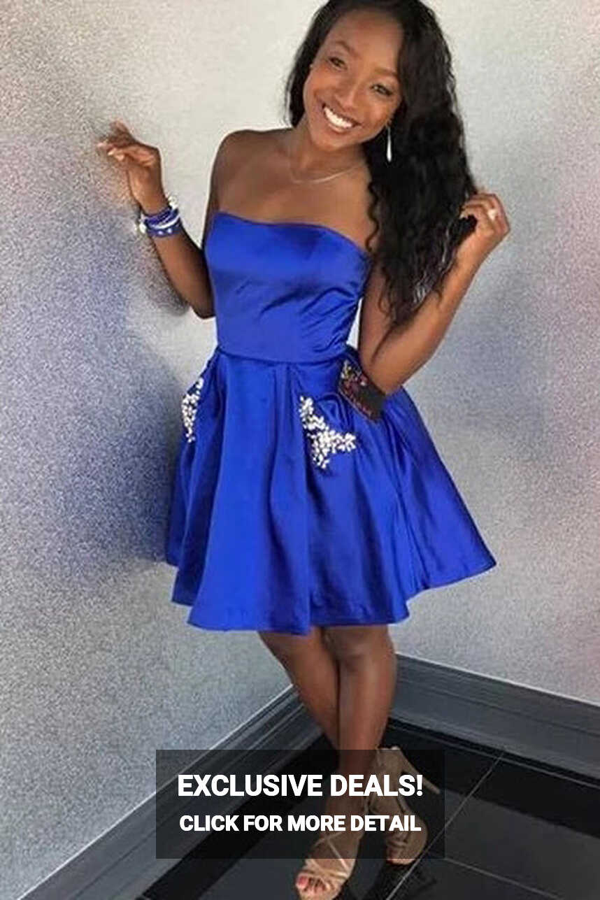 Royal Blue Strapless Satin Short Homecoming Dress with Beading, A ...