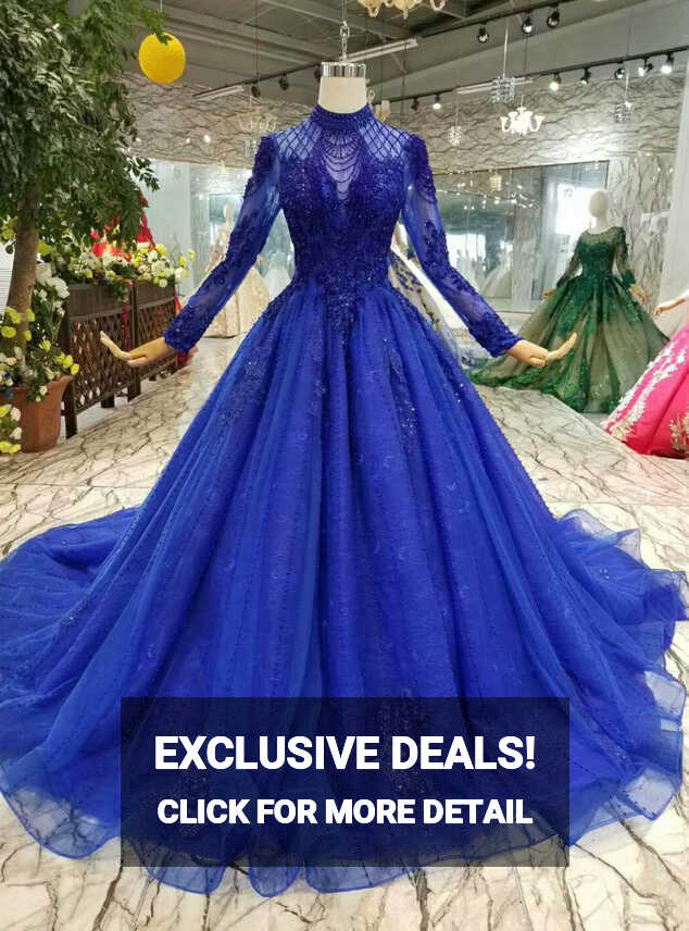 Royal Blue Tulle High Neck Long Sleeve Backless Wedding Dress With ...