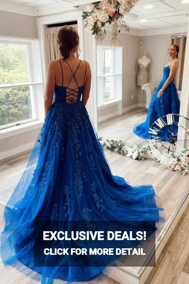 Royal Blue Tulle Prom Dresses With Lace Appliques MP644 | Musebridals