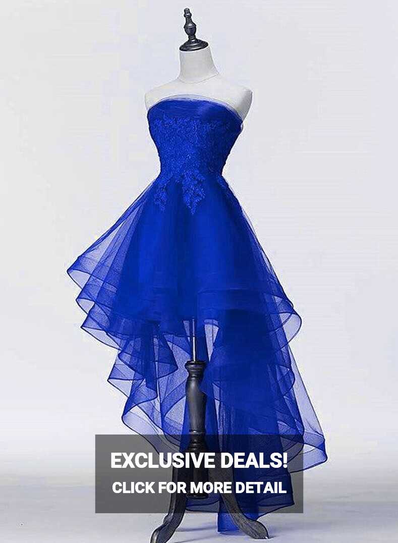 Royal Blue Tulle with Lace Applique High Low Party Dress, Blue ...