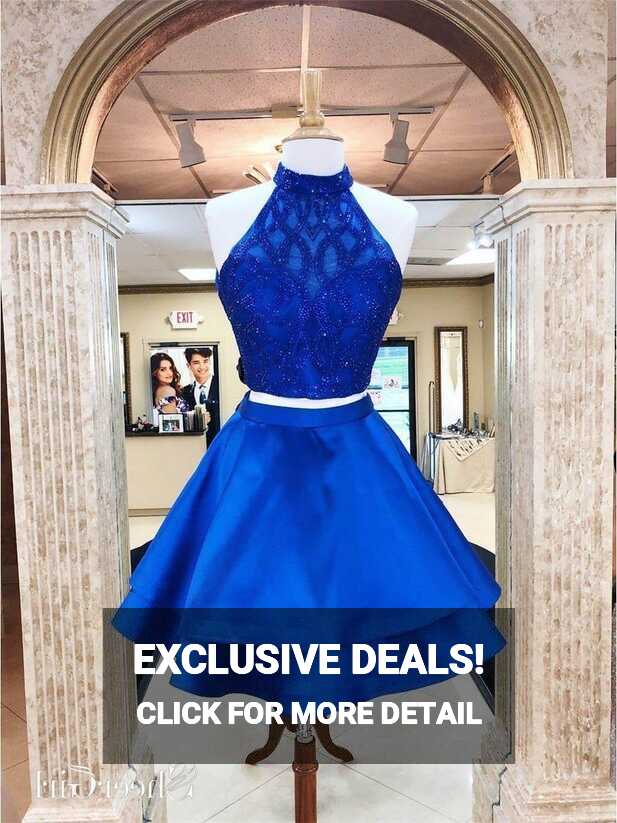 Royal Blue Two Piece Homecoming Dress Open Back Beaded Short Prom ...