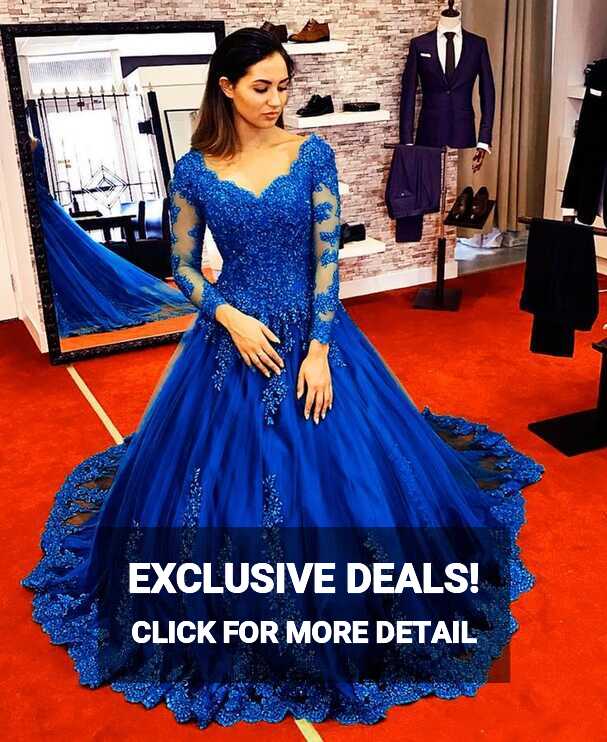 Royal Blue Wedding Dress Long Sleeves Lace Ball Gown | Blue ...