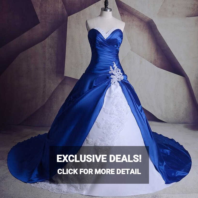 Royal Blue Wedding Dress Satin Sweetheart Vintage Train Country ...