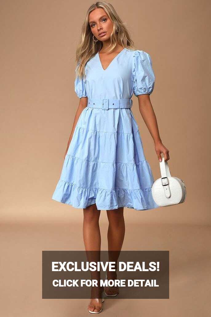 Ruby Light Blue Puff Sleeve Belted Tiered Midi Dress