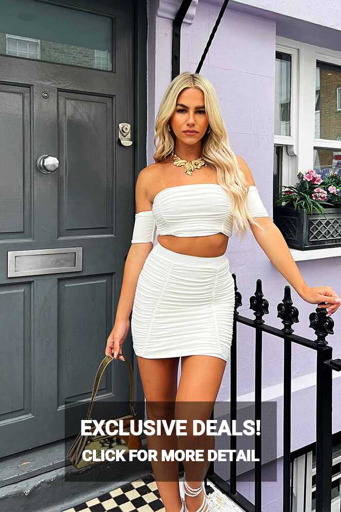 Ruched Mini Skirt And Off Shoulder Crop Top Co Ord White ...