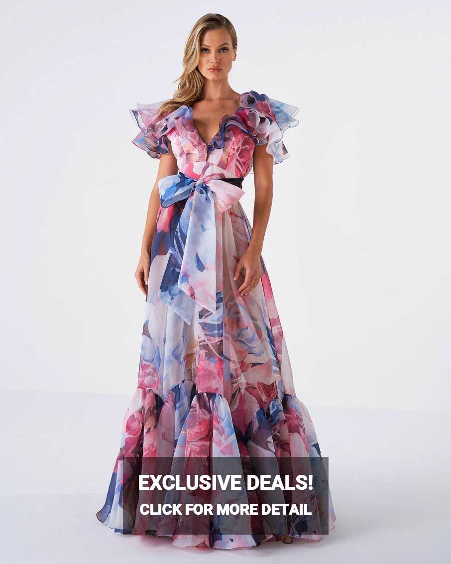 Ruffle- Sleeve Floral-Print Dress - Michael Cinco