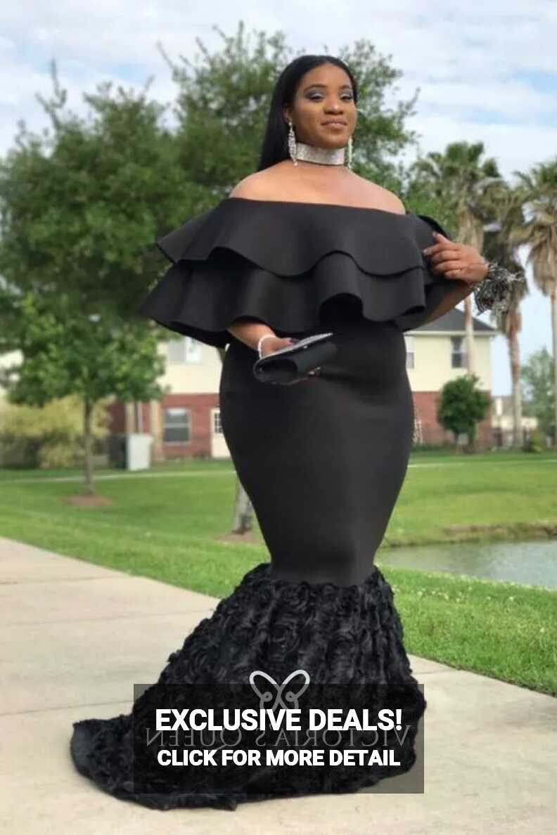 Ruffle Off-shoulder Black Rosette Plus Size Prom Dress - VQ