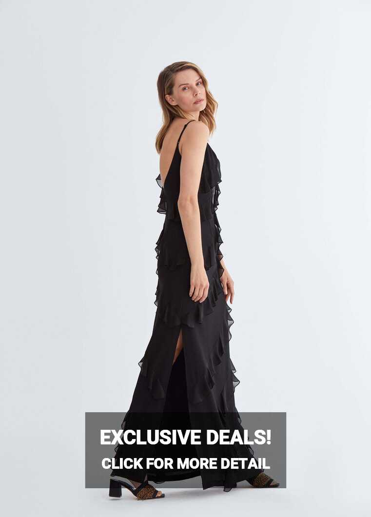 Ruffle Trim Sheath Black Evening Gown