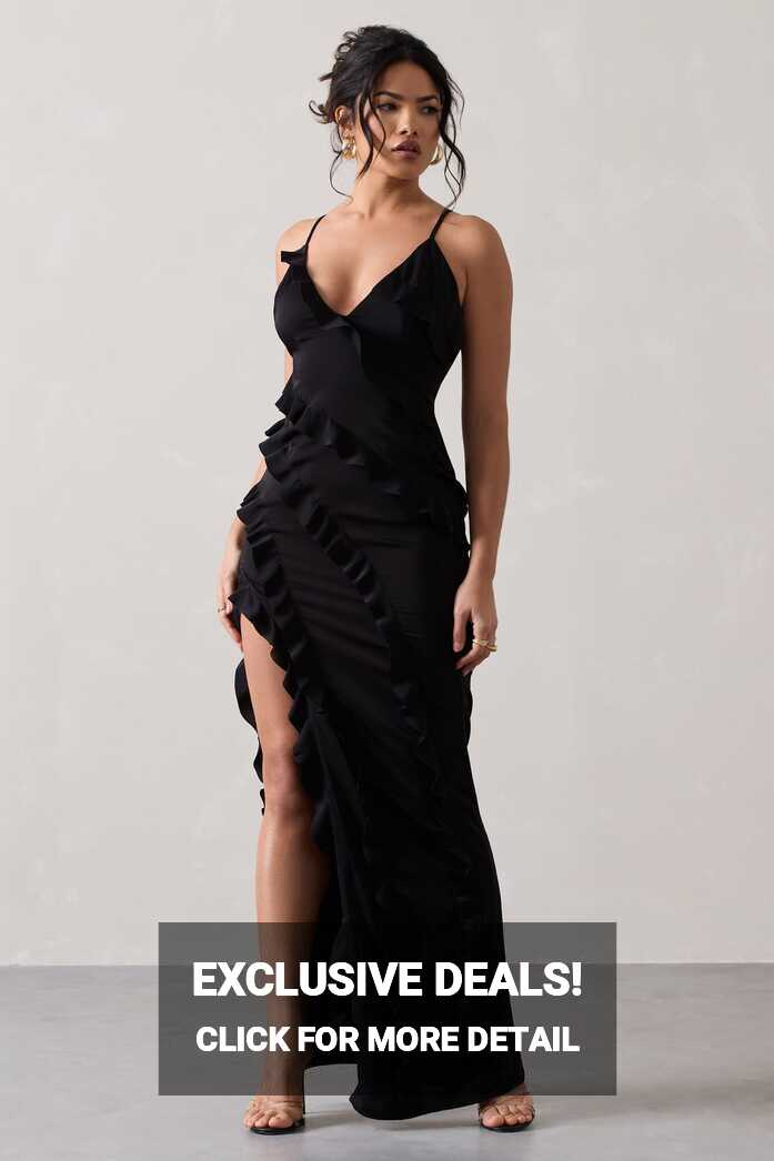 Run The World Black Sweetheart Neckline Ruffle Maxi Dress – Club L ...