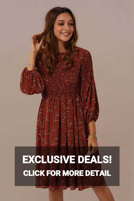 Rust 3/4 Length Sleeve Knee Length Floral Dress | Floral dress ...